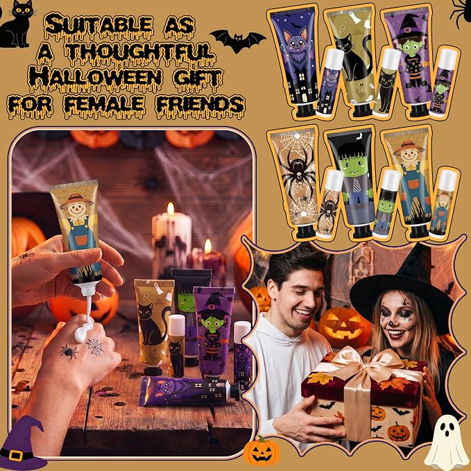 12 Pack Halloween Hand Cream and Lip Balm Gifts Sets for Women Mini Hand Lotion Bulk Travel Size Moisturizing Cream Halloween Party Favors for Boo Basket Stuffers 6 Natural Plant Fragrances