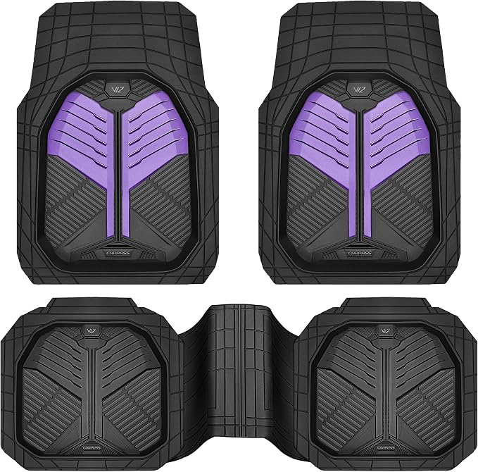 CAR PASS Heavy Duty Rubber Car Mats, Deep-Dish Car Floor Mats All Weather, Universal Two-Tone Trim-to-Fit for SUVs Trucks Sedans, Waterproof Anti-Slip, 3 Pieces V12 Black and Metallic Purple