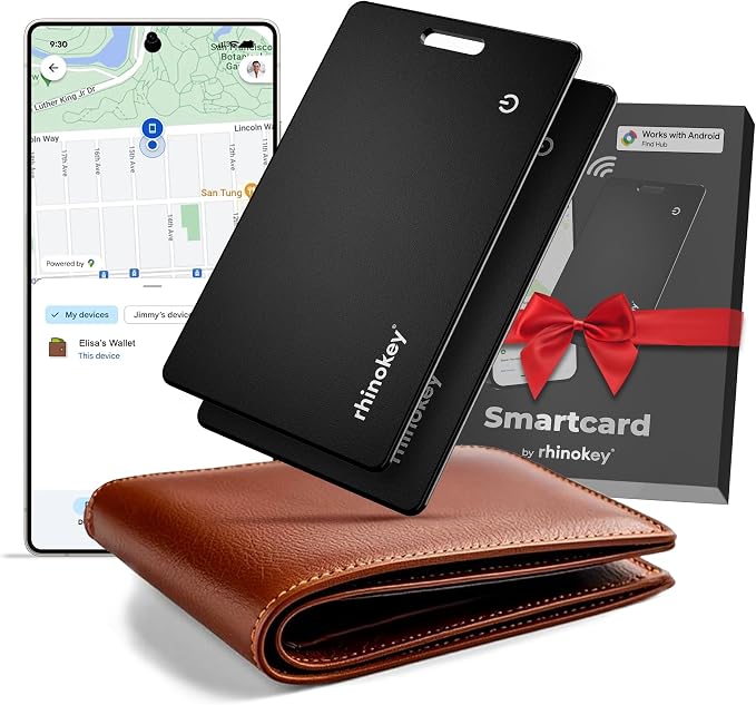 Rhinokey® Wallet Tracker Card (Android Only) 0.07in Slim Rechargeable Smart Tracking Card Works with Google's Find Hub IP68 Item Finder with Key Chain Hole for Luggage Tags (2 Pack - Android)