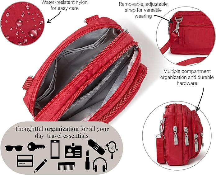 Baggallini Triple Zip Small Crossbody Bag for Women - Lightweight Convertible Fanny Pack Belt Bag