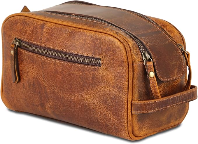KomalC Travel Toiletry Bag – Premium Leather Dopp Kit for Men & Women with Water-Resistant Lining & Spacious Zippered Organizer
