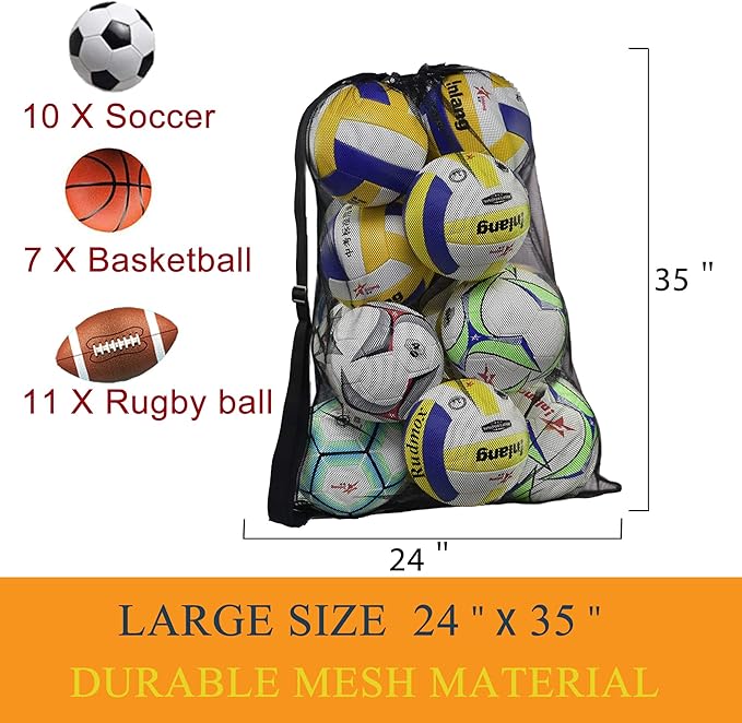 Heavy Duty Mesh Ball Bag, Drawstring Sport Equipment Storage Bag for Basketball, Soccer, Sports Beach and Swimming Gears with Adjustable Shoulder Strap Outdoor Organizer