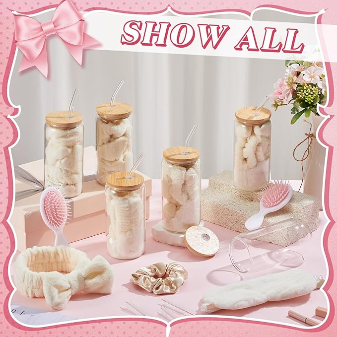 37 Pcs Spa Sleepover Party Supplies for Girls, 6 Set Spa Party Favors, Include Cups, Hairbands, Sleep Eye Mask, Headband, Brush, Tote Bags with Ribbon for Beige Sleepover Birthday Favors