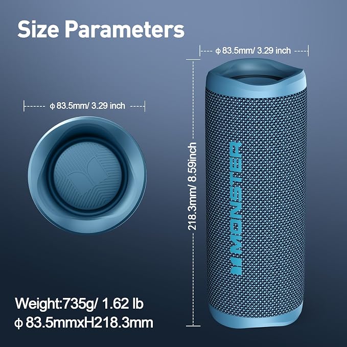 Monster S620 Bluetooth Speaker, Wireless Portable Outdoor Bluetooth Speakers, 60W True Wireless Stereo IPX8 Waterproof, Dual PairingBluetooth 5.4 Built-in Mic, Perfect for Home, Blue