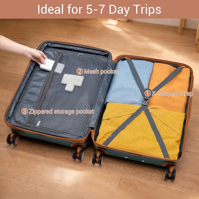 Kono 24 Inch Check In Suitcase Expandable Luggage, Business Travel Suitcase for 5-7 Days, Durable ABS+PC Hardshell with Side Handles & Kick Plates, Double Spinner Silent Wheels, Green