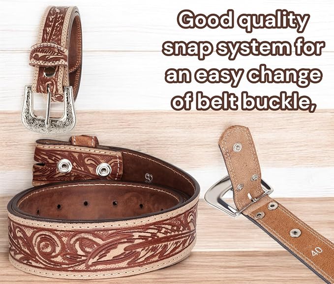 F&L CLASSIC mens Western full grain Leather belt Strap w/Snaps for Interchangeable Buckles, USA,