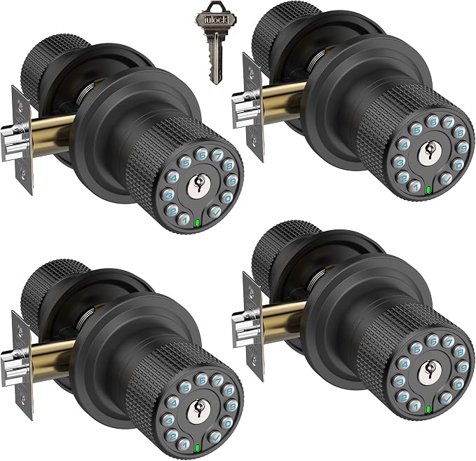 iulock Smart Door Knob with Keypad and Key,Keyless Entry Door Lock with Rubber Grip, Auto Lock,50 User Code,Waterproof, Easy to Install and Program for Bedroom (Matte Black Same Key 4 Pack)