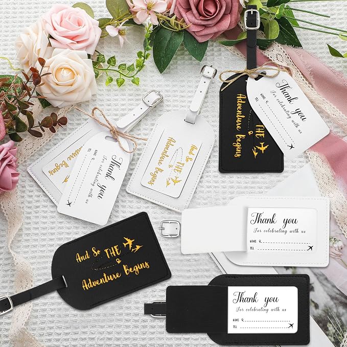 Sweetude 48 Sets Bulk Luggage Tags Wedding Favors and So The Adventure Begins Leather Luggage Tags for Suitcases with Name Card for Travel Themed Bridal Shower Graduation Party Favor(Black, White)