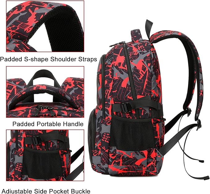 Bluboon Kids Backpack Boys Camo Bookbag Teens Elementary School Bag Daypack Travel Back Pack Middle school (Boy-red doodle 2pcs)