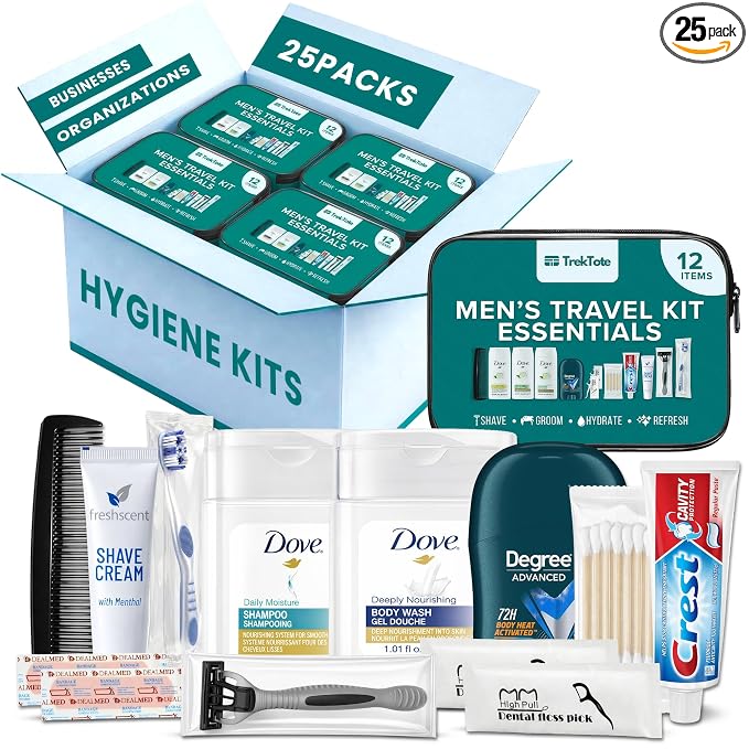 TrekTote Bulk Men’s Travel Hygiene Kits Case Pack of 12 Piece Kits TSA Approved Travel Size Toiletry Kits with Toothbrush Toothpaste Deodorant Razor for Outreach Emergency Use