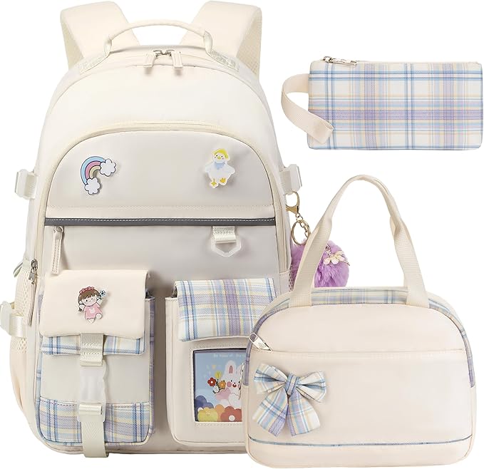 Backpack for Girls 15.6 Inch Laptop School Bag Kids Elementary College 3pcs Backpacks Lunch box Pencil Case Set Bookbags for Girls Teen Women Student Beige