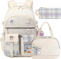 Backpack for Girls 15.6 Inch Laptop School Bag Kids Elementary College 3pcs Backpacks Lunch box Pencil Case Set Bookbags for Girls Teen Women Student Beige