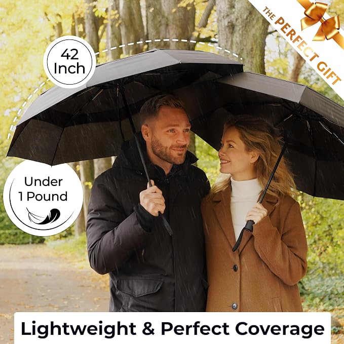 TUMELLA Strongest Windproof Travel Umbrella (Compact, 100MPH Wind-Tested), Light, Portable, One-Handed Use, Automatic Folding Rain Umbrella, Durable, Premium Grip, Fits Car & Backpack