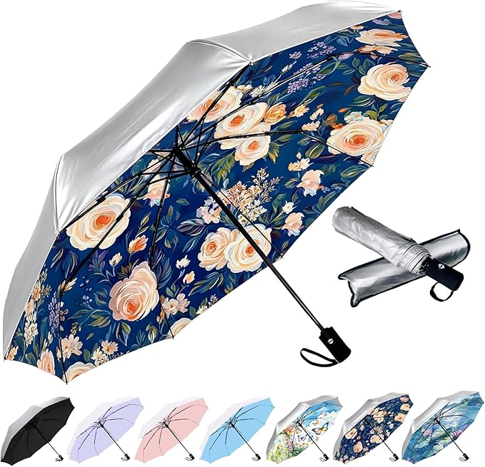 SIEPASA Compact Travel Umbrella - Windproof Auto Open/Close, Small Folding Umbrella for Rain & Sun with UPF50+ - Lightweight Frame, Waterproof - Fits Backpack, Purse, Suitcase.(Silver/Rose)