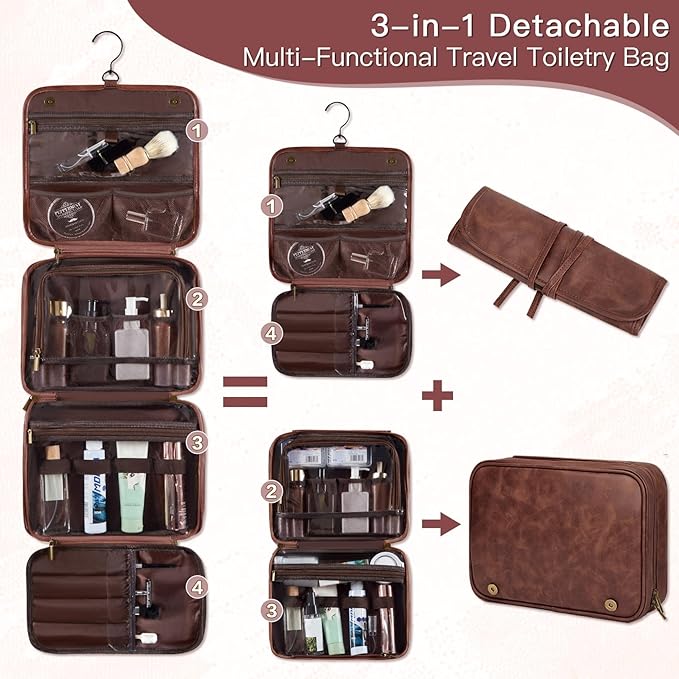 Personalized Gifts 3-in-1 Hanging Travel Toiletry Bag for Men, Laser-Engraved Initial Waterproof PU Leather Shaving Bag Valentines Easter Birthday Gifts for Men Dad Husband Son Reddish Brown P