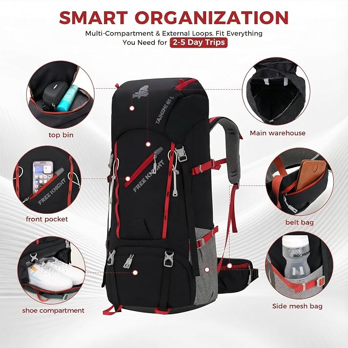 Bseash 65L Waterproof Hiking Camping Backpack with Rain Cover, Outdoor Sport Travel Daypack for Climbing Touring (Black)