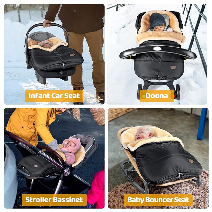 Orzbow Faux Sheepskin Winter Car Seat Cover for Babies, Waterproof Bunting Bag for Car Seats & Strollers, Warm and Cozy Carseat Footmuff to Protect Baby from Cold Wind, Machine Washable, Black