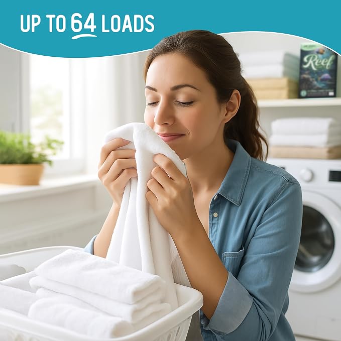 Reef Sheets Laundry Detergent Sheets, 64 loads, Hypoallergenic & Plastic-Free Eco-Friendly Packaging, Gentle on Skin, Tough on Stains, Travel-Friendly, Coastal Calm Linen Scent, 32 ct