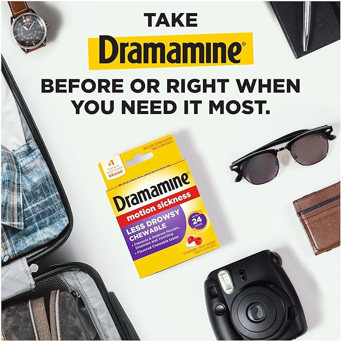 Dramamine Motion Sickness Less Drowsy, Chewables for Nausea Relief During Travel, Raspberry Cream Flavor, 12 Count, Pack of 2