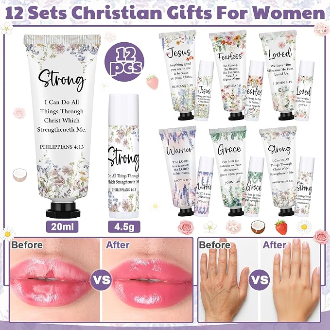 Loopeer 12 Sets Bulk Christian Hand Cream and Lip Balm Set for Women Religious Travel Size Moisturizing Lip Care Mini Religious Gifts for Women Coworker Appreciation Gift