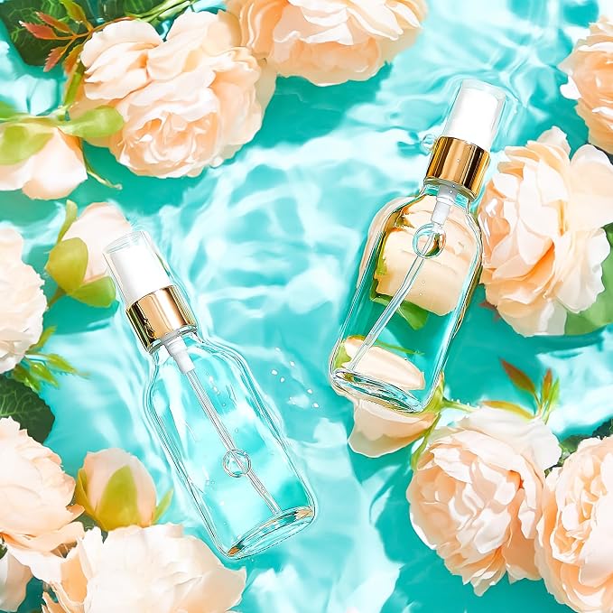 Roshtia 30 Pcs Glass Spray Bottle Clear Empty Bottles Small Refillable Reusable Perfume Bottle with Fine Mist Sprayer Pump for Face Body Travel(2 oz,Clear with Gold Lid)