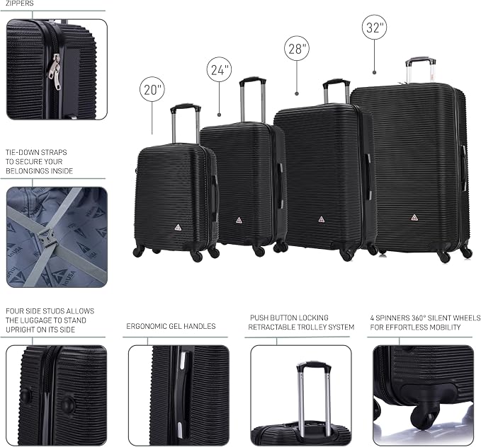 InUSA ROYAL Hardside Luggage Set with Spinner Wheel | Spacious Travel Suitcases with Ergonomic GEL Handle and Studs | (20/24/28/32) 4 Piece Luggage Set | Black