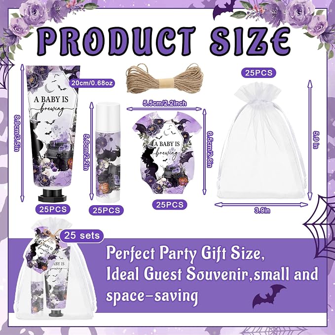 Batiyeer 25 Sets/100 Pcs Halloween Baby Shower Party Favors Bulk Baby Is Brewing Travel Size Hand Cream and Lip Balm Sets for Halloween Gender Reveal Party Supplies, with Cards Organza Bags