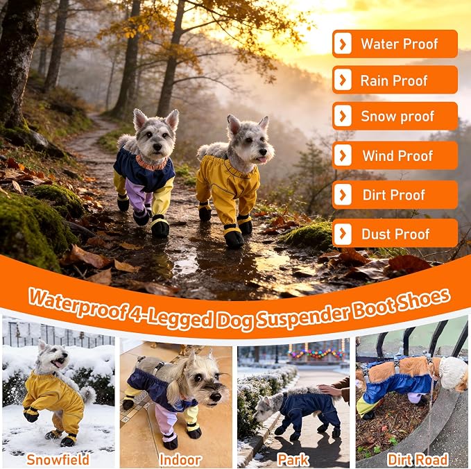 Waterproof Dog Boots Rain Boots with Suspender, Dogs Shoes Paw Protector for Small Medium Puppy, Anti-Slip Doggy Boot Belly Protector, Rain Booties Snow Booties Suspender Leggings(Medium, Multicolorf)