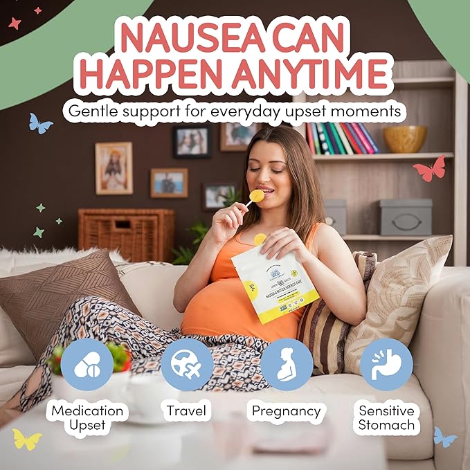 MommaBear Nausea & Motion Sickness Lollipops – Non-GMO Lemon & Ginger Candy for Nausea – Organic Lollipops for Kids 3+ & Pregnancy Must Haves to Ease Queasiness – Freshness, Sealed in (5 Pack)