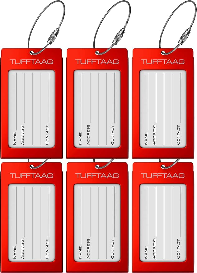 Luggage Tags Business Card Holder by TUFFTAAG - Durable Travel ID Bag Tag, Scarlet, 6 Tags