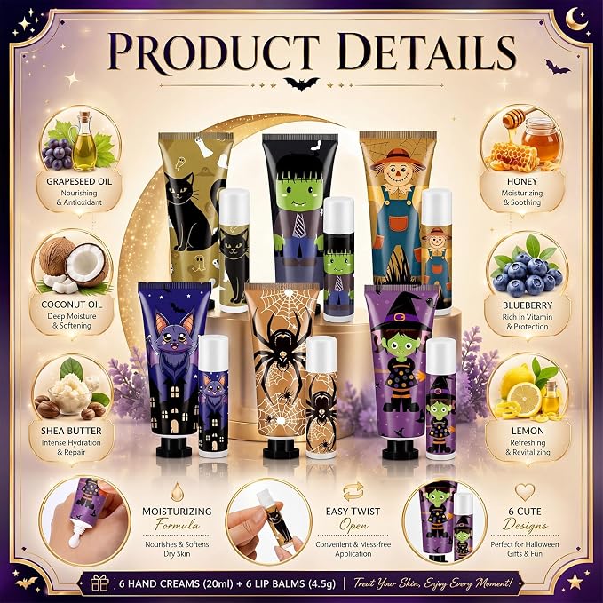 12 Pack Halloween Hand Cream and Lip Balm Gifts Sets for Women Mini Hand Lotion Bulk Travel Size Moisturizing Cream Halloween Party Favors for Boo Basket Stuffers 6 Natural Plant Fragrances