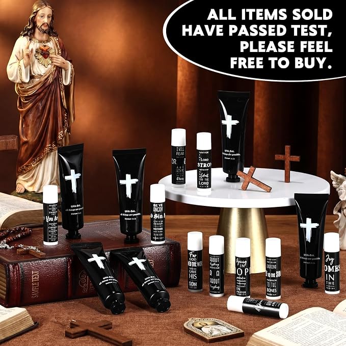 50 Sets 100 Pcs Church Gift for Men Bulk Black Hand Cream and Lip Balm Religious Bible Verse Cedar Scent Lip Moisturizer Christian Appreciation Gift for Coworker Church Party Favor
