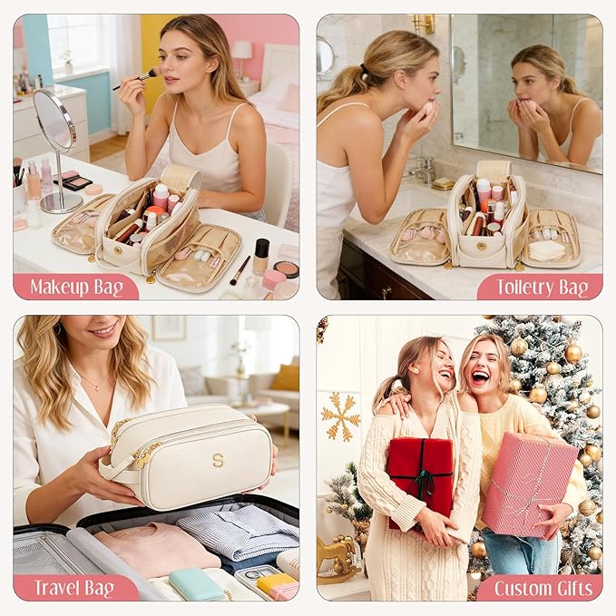 Gifts for Women Teen Girls Large Capacity Initial Travel Makeup Bag, 3-Compartment Cosmetic Organizer with Clear Brush Holders, Large Opening Waterproof Toiletry Bag, Beige,S