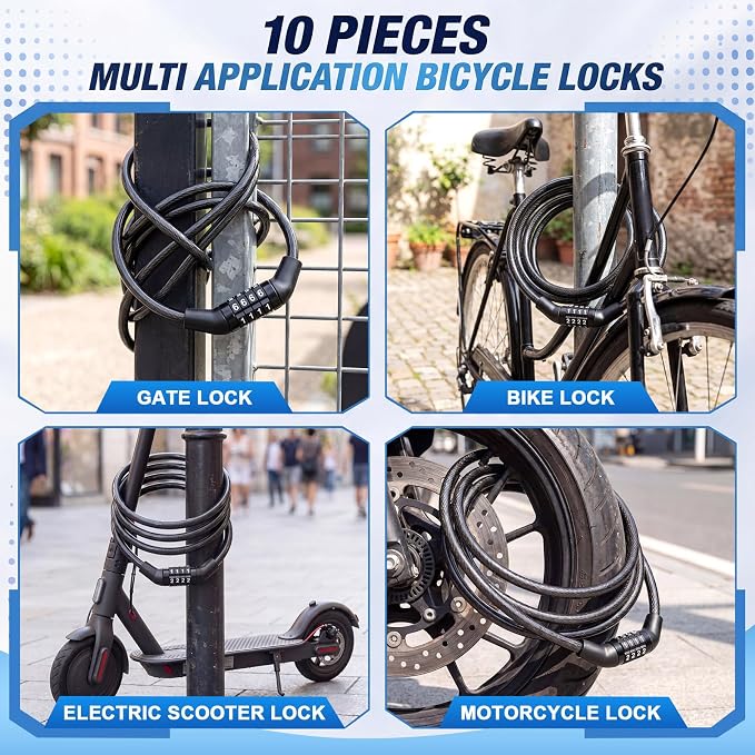 Bike Lock Cable with Combination, Coiled Preset Bike Lock High Security 4 Digit Bicycle Locks Anti Theft Bikes Accessories Black Bicycle Cable Locks, 5/6 Inch Diameter(10 Pcs,5 Feet)