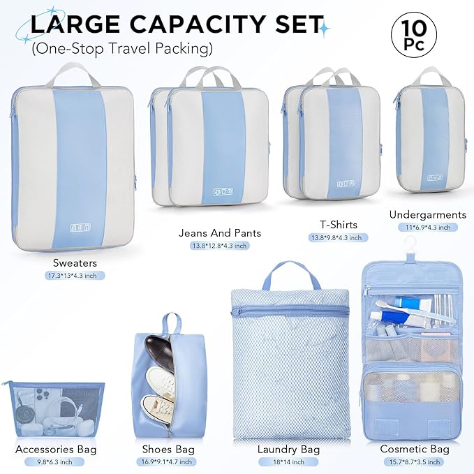 10 Set Compression Packing Cubes for Travel Essentials,Compressible Expandable Packing Cubes for Suitcase,OlarHike Luggage Garment Bags for Travel,Handy Helper for Organizing Clothes(Light Blue)