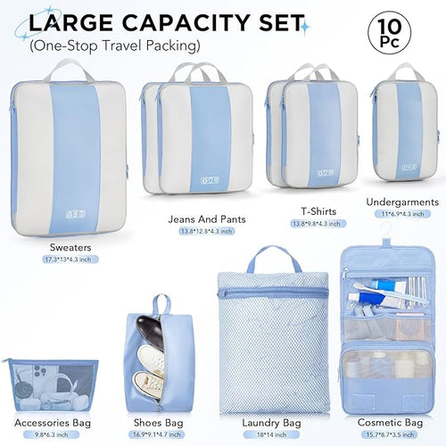 10 Set Compression Packing Cubes for Travel Essentials,Compressible Expandable Packing Cubes for Suitcase,OlarHike Luggage Garment Bags for Travel,Handy Helper for Organizing Clothes(Light Blue)