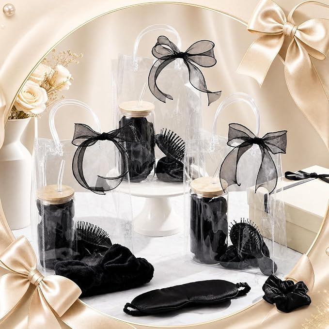 37 Pcs Party Supplies for Girls, 6 Kit Girls Birthday Gifts Including Glass Cups, Hairbands, Sleep Eye Mask, Headband, Brush, Tote Bags with Ribbon for Women Black Spa Sleepover Party Favor