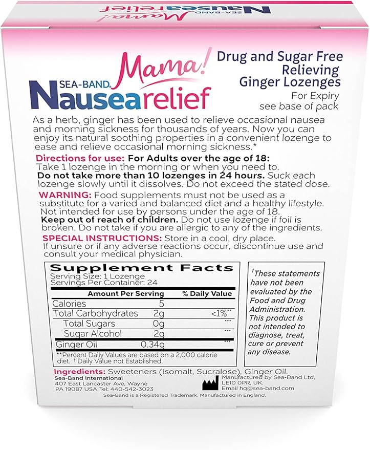 Sea-Band Ginger Lozenges, Drug and Sugar Free, for Motion Sickness and Nausea Relief*