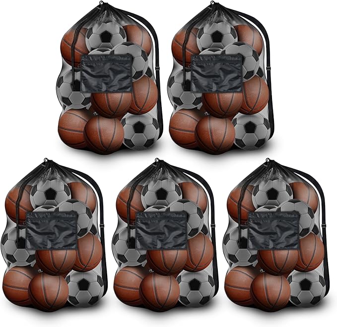 BROTOU 5PCS Extra Large Mesh Sports Ball Bags - Soccer Ball Bag Drawstring Bags with Shoulder Strap for Basketball, Volleyball, Swimming Gear