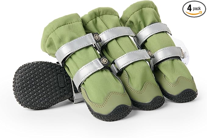 Spark Paws Dog Rainboots, Waterproof Dog Shoes for Medium to Large Dogs, Non Slip, Dog Booties and Paw Protectors - 4PCS Doggie Hiking Boots with Reflective Straps - Green, Size 8