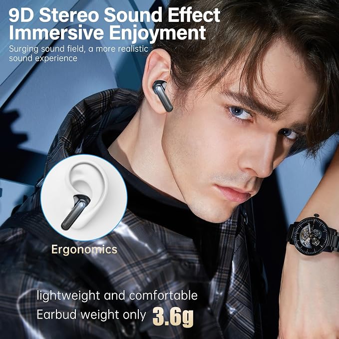 Wireless Earbuds, Bluetooth 5.3 Headphones HiFi Stereo 50H Playback LED Digital Display Ear Buds with ENC Noise Canceling Headset, IPX7 Waterproof Earphones for Gym/Running/Work (Black)