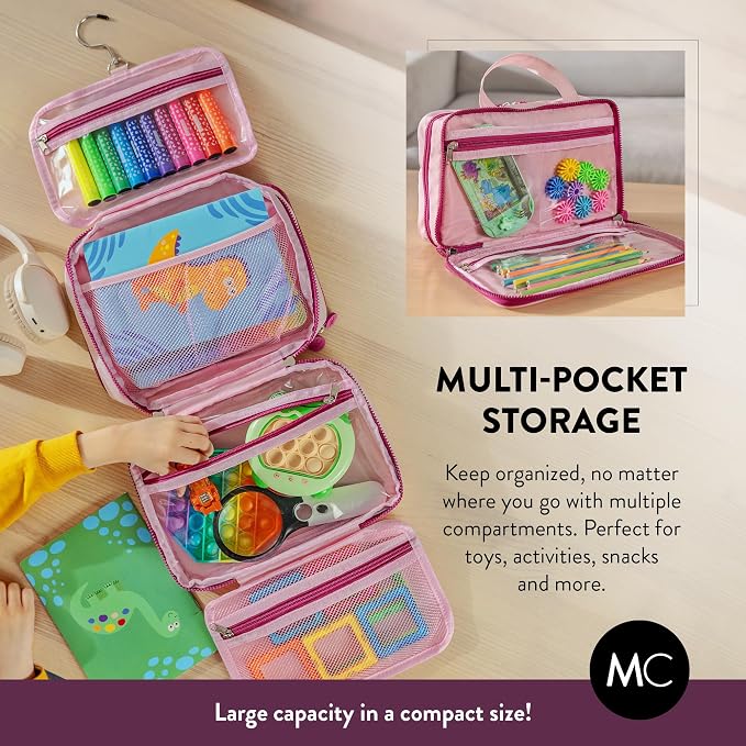 Kids Travel Organizer – Multi-Compartment, Water-Resistant Hanging Bag for Toys, Snacks, & Activities - Compact, Lightweight Design with Hook & Carry Handle - Perfect for Travel Use (Pink, Small)
