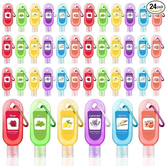 24 Pcs Scented Hand Sanitizer Keychain Gift Mini Lavender Hand Sanitizer Gel Keychain Bulk 1 oz Graduation Party Favor for Nurse Teacher Women Coworker Party Supplies