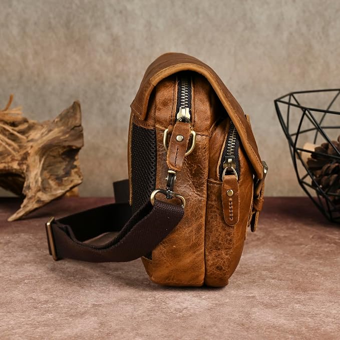 Water Resistant Canvas + Leather Hiking Riding Travel Fanny Waist Pack Small Phone Pouch For Men Women FB811-29 (1168 Brown)