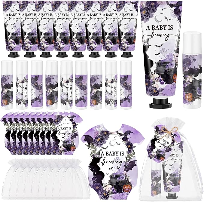 Batiyeer 25 Sets/100 Pcs Halloween Baby Shower Party Favors Bulk Baby Is Brewing Travel Size Hand Cream and Lip Balm Sets for Halloween Gender Reveal Party Supplies, with Cards Organza Bags