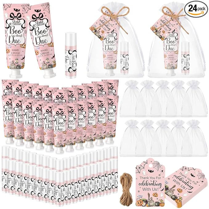 24 Sets Halloween Little Boo Baby Shower Hand Cream and Lip Balm Gift Halloween Coquette Baby Shower Party Favors Travel Size Hand Lotion Lip Balm Bulk Halloweens Newborn Party for Guest Kids