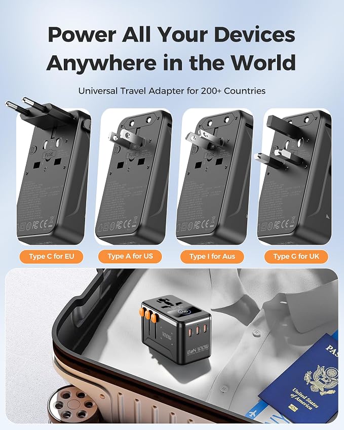 GaN 100W Universal Travel Adapter with Smart Display, 3 USB C 1 USB A + 2500W AC Outlet, International Power Adapter for Fast Charging in 200+ Countries, Compatible with MacBook, iPhone and More