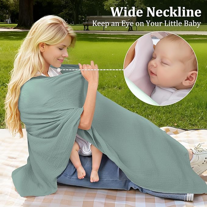 Muslin Nursing Cover Up for Breastfeeding, Soft & Breathable Cotton Breast Feeding Cover for Women, Full Privacy Breastfeeding Cover - Newborn Baby Essential, Green