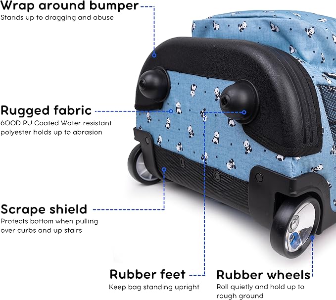 J World Sunrise Kids Rolling Backpack for Girls Boys. Roller Bookbag With Wheels For School, Panda