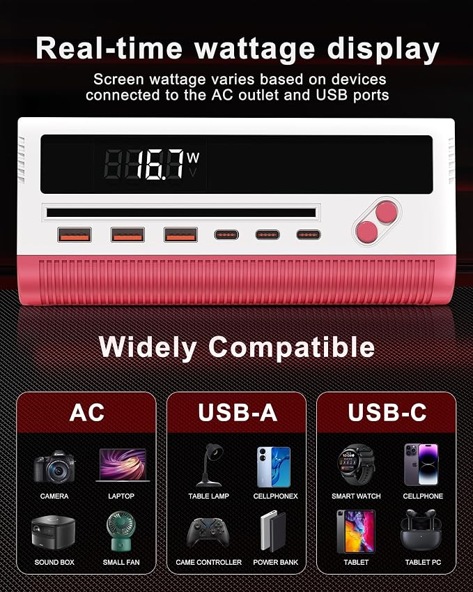 10-in-1 USB Charging Station, 4 Outlets Power Strip with 6 USB, 5 FT Long Extension Cord, 45° Flat Plug, 20W Fast Mulit Charging Station for Home Office Travel Plug Extension Outlet (Red)